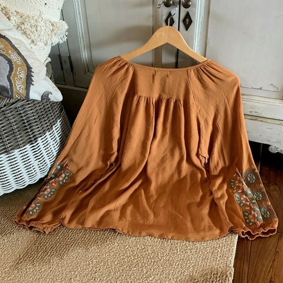 Plus Size Embroidered Long Sleeve Mustard Blouse - Picture 5 of 8